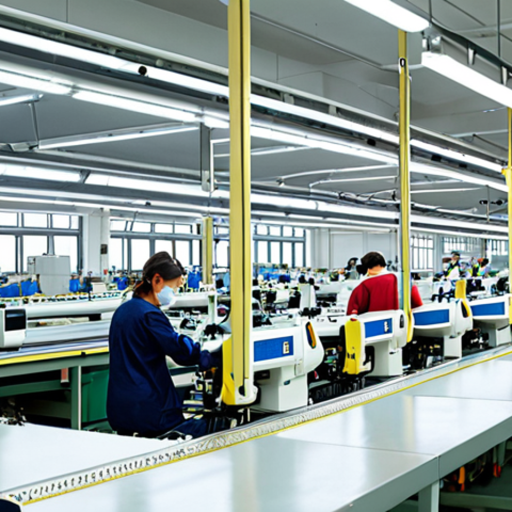**

A modern textile factory interior. Automated cutting and sewing machines are in operation.  Workers are present, interacting with the machines, looking engaged and trained.  The overall atmosphere is clean, well-lit, and efficient, representing increased productivity and improved working conditions due to automation.

**