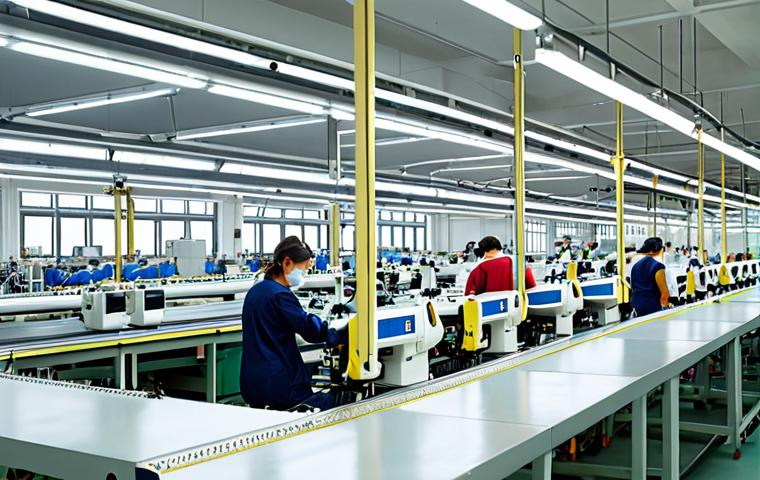 **
A modern textile factory interior. Automated cutting and sewing machines are in operation. Workers are present, interacting with the machines, looking engaged and trained. The overall atmosphere is clean, well-lit, and efficient, representing increased productivity and improved working conditions due to automation.
**