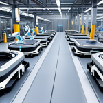 ** A modern smart factory floor. Robots are assembling and transporting products autonomously. Engineers are monitoring real-time data on tablets and smartphones. High-tech, clean, and efficient environment.

**