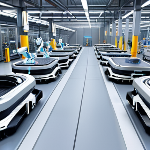 Home 6 ** A modern smart factory floor. Robots are assembling and transporting products autonomously. Engineers are monitoring real-time data on tablets and smartphones. High-tech, clean, and efficient environment.
**