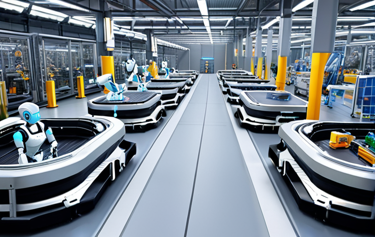 ** A modern smart factory floor. Robots are assembling and transporting products autonomously. Engineers are monitoring real-time data on tablets and smartphones. High-tech, clean, and efficient environment.
**
