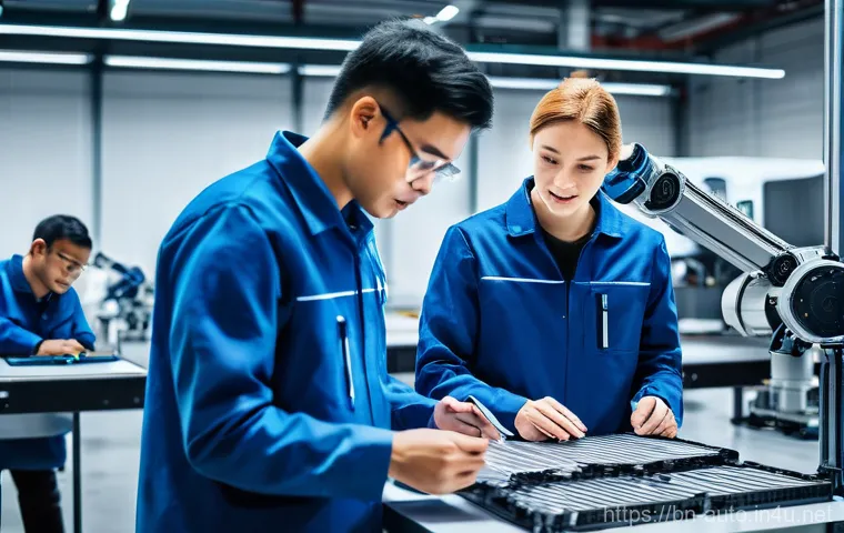 공장자동화 프로젝트 계획 수립 - A close-up shot of an advanced automated quality control station within a high-tech manufacturing pl...