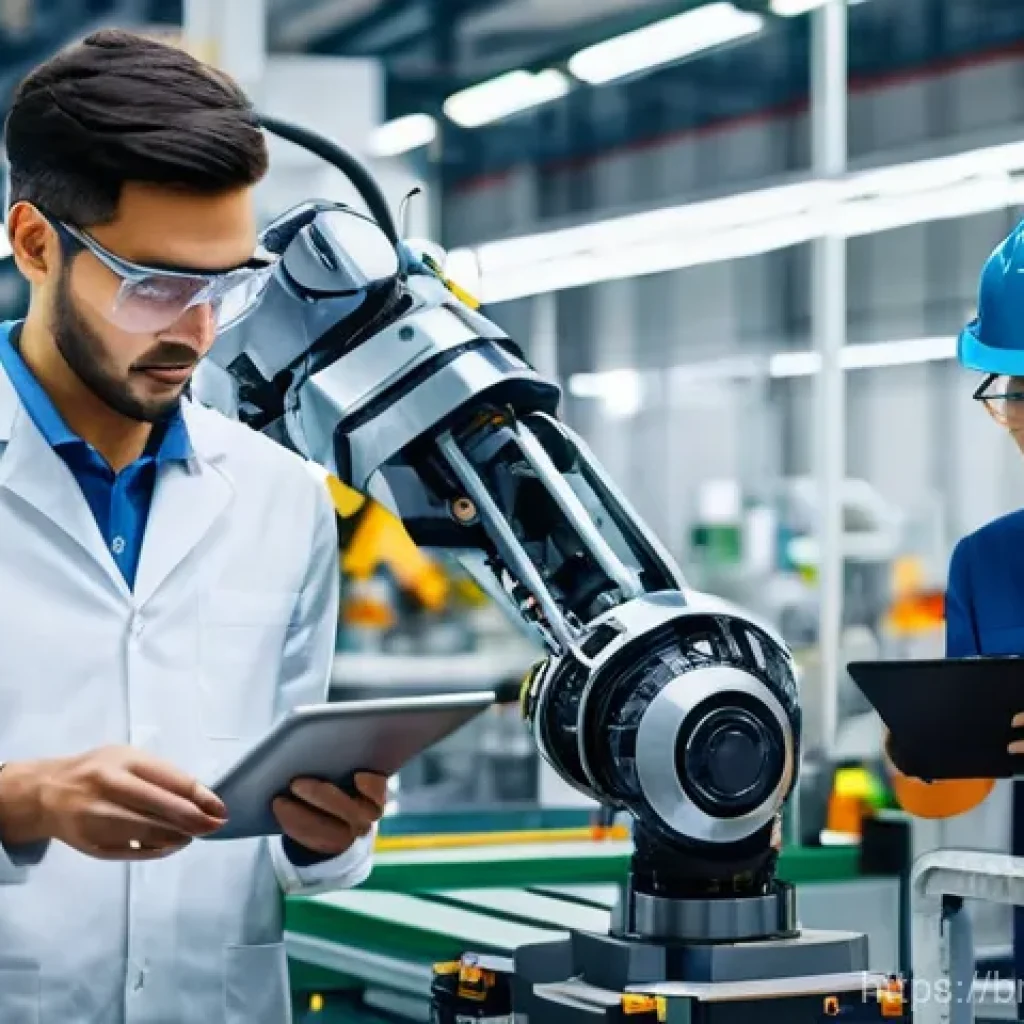 공장자동화의 윤리적 고려 - **Prompt:** A diverse group of factory workers, men and women of various ages, dressed in clean, mod...