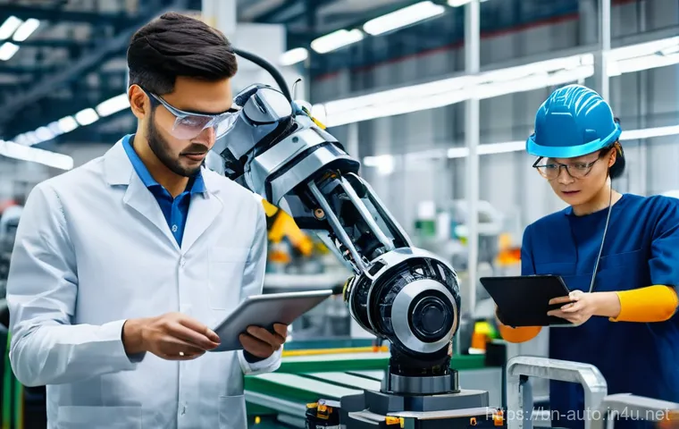 공장자동화의 윤리적 고려 - **Prompt:** A diverse group of factory workers, men and women of various ages, dressed in clean, mod...