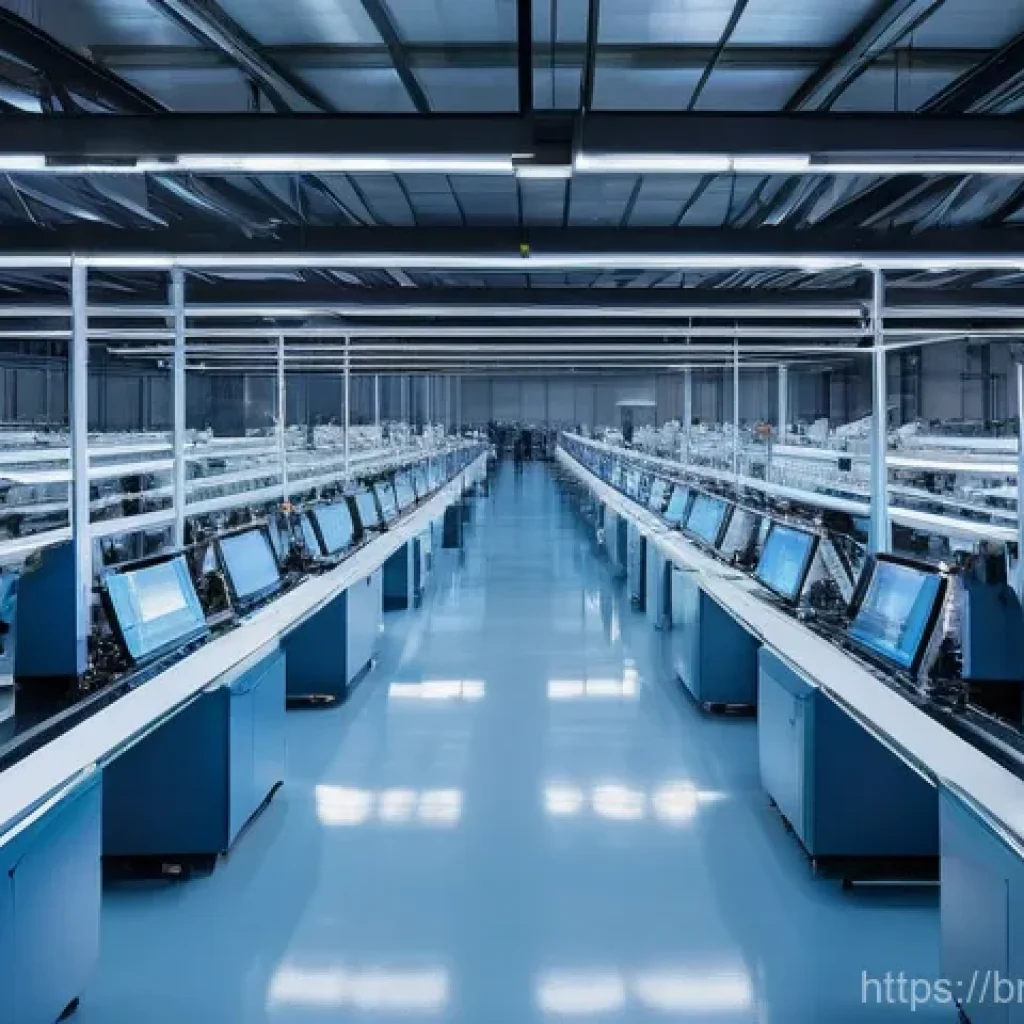 공장자동화 트렌드 및 전망 - **Prompt:** A futuristic, highly automated factory floor bathed in bright, clean light. Robotic arms...