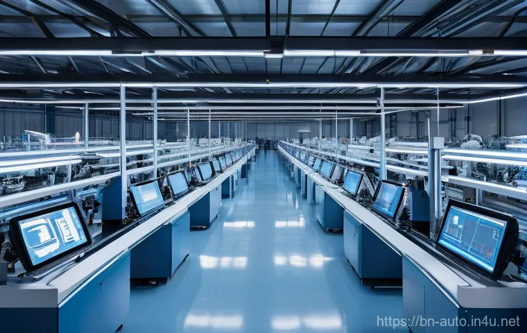 공장자동화 트렌드 및 전망 - **Prompt:** A futuristic, highly automated factory floor bathed in bright, clean light. Robotic arms...