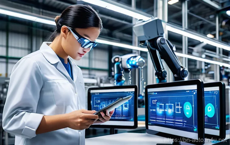 공장자동화 트렌드 및 전망 - **Prompt:** A futuristic, highly automated factory floor bathed in bright, clean light. Robotic arms...