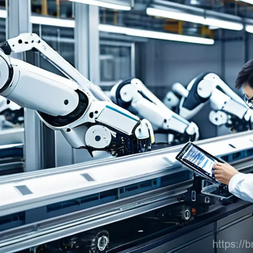 공장자동화와 머신러닝 - **Prompt: "A brightly lit, ultra-modern factory floor bustling with advanced robotic arms performing...