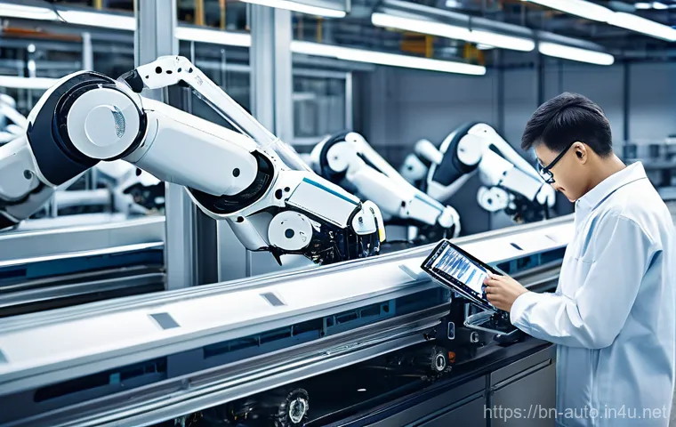 공장자동화와 머신러닝 - **Prompt: "A brightly lit, ultra-modern factory floor bustling with advanced robotic arms performing...