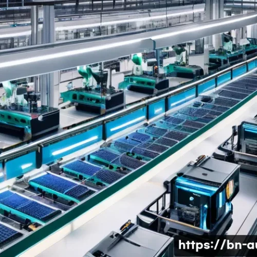 Home 32 공장자동화 전기 설계 기본 - **Prompt:** A high-angle, wide shot of a futuristic, clean smart factory floor during daytime. Robot...