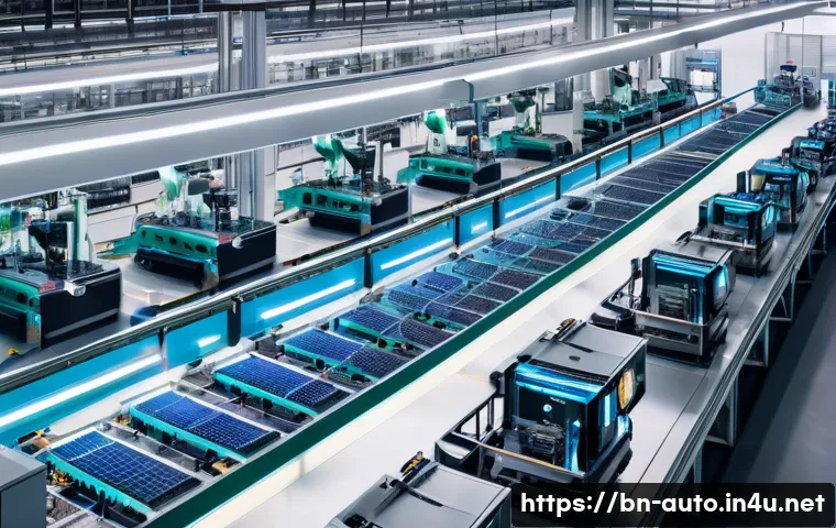 공장자동화 전기 설계 기본 - **Prompt:** A high-angle, wide shot of a futuristic, clean smart factory floor during daytime. Robot...