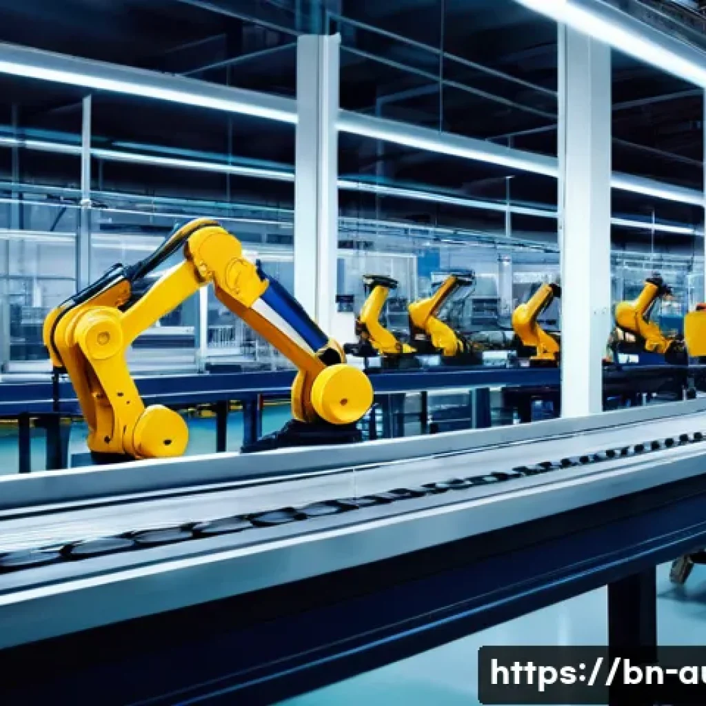 공장자동화 장비의 투자 수익률 - A modern industrial factory interior showcasing advanced automated machinery in operation, with robo...