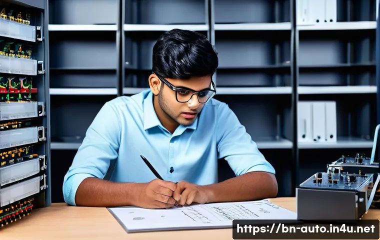 공장자동화 기사 실기 시험 준비 - A detailed industrial automation training scene featuring a young Bengali male student studying PLC ...