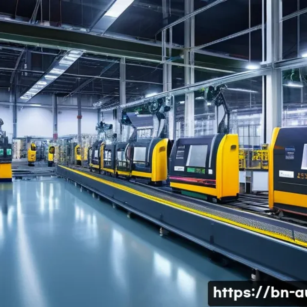 공장자동화와 전력 효율성 - A high-tech industrial factory floor featuring advanced automated machinery and robotic arms working...