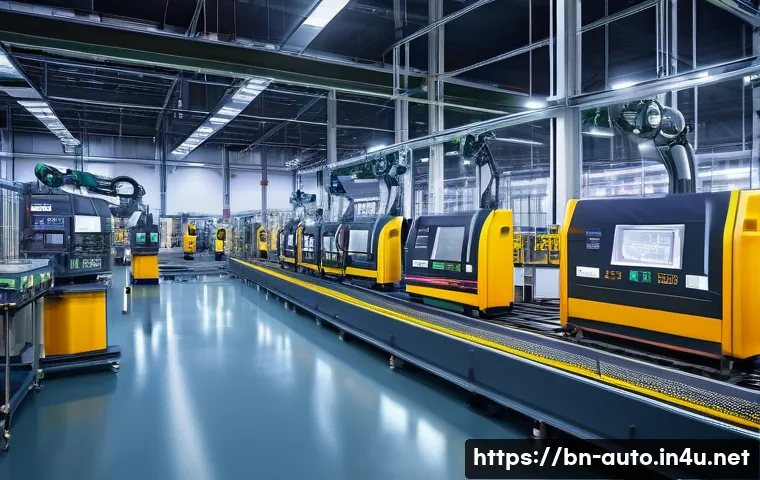 공장자동화와 전력 효율성 - A high-tech industrial factory floor featuring advanced automated machinery and robotic arms working...