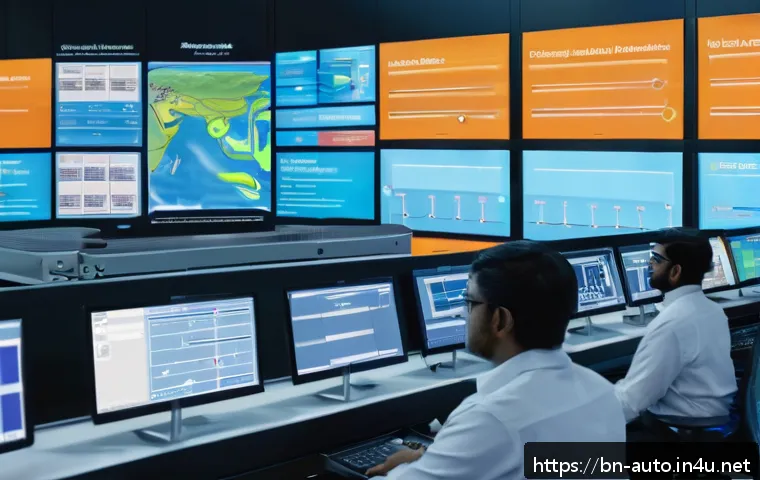 공장자동화에 적합한 소프트웨어 - A high-tech factory control room featuring large digital screens displaying real-time production dat...