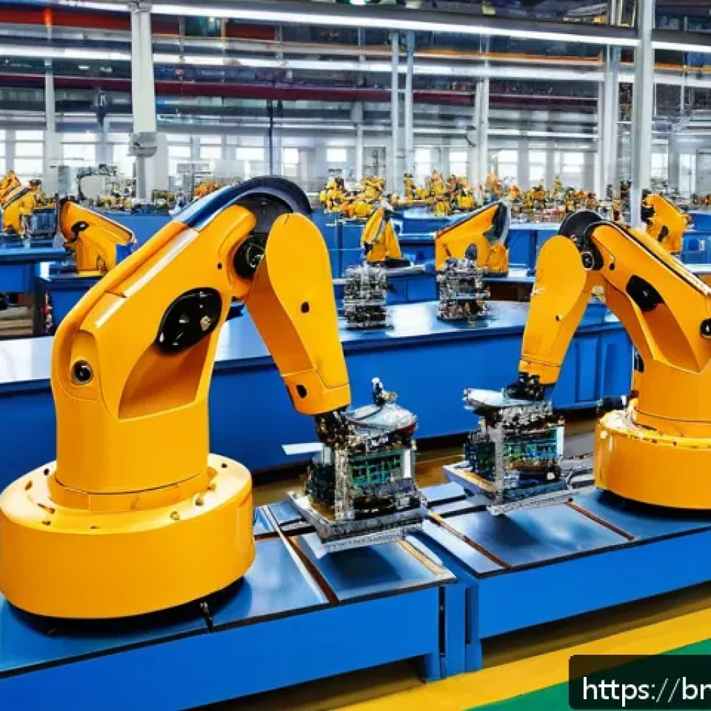 산업용 로봇 활용 분야 - A modern industrial factory scene in Bengal with advanced robots assembling automobile parts on a pr...