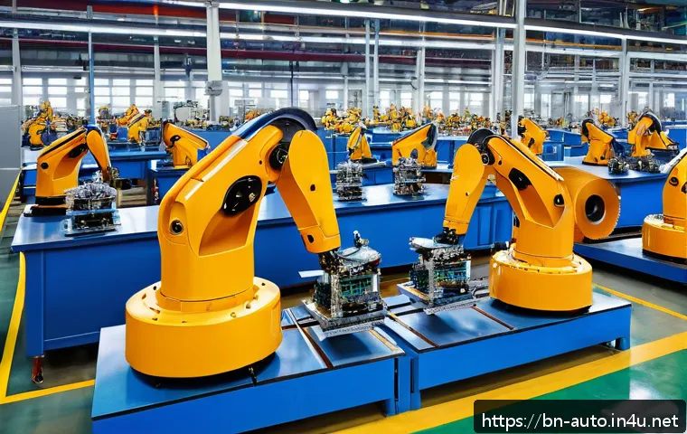 산업용 로봇 활용 분야 - A modern industrial factory scene in Bengal with advanced robots assembling automobile parts on a pr...