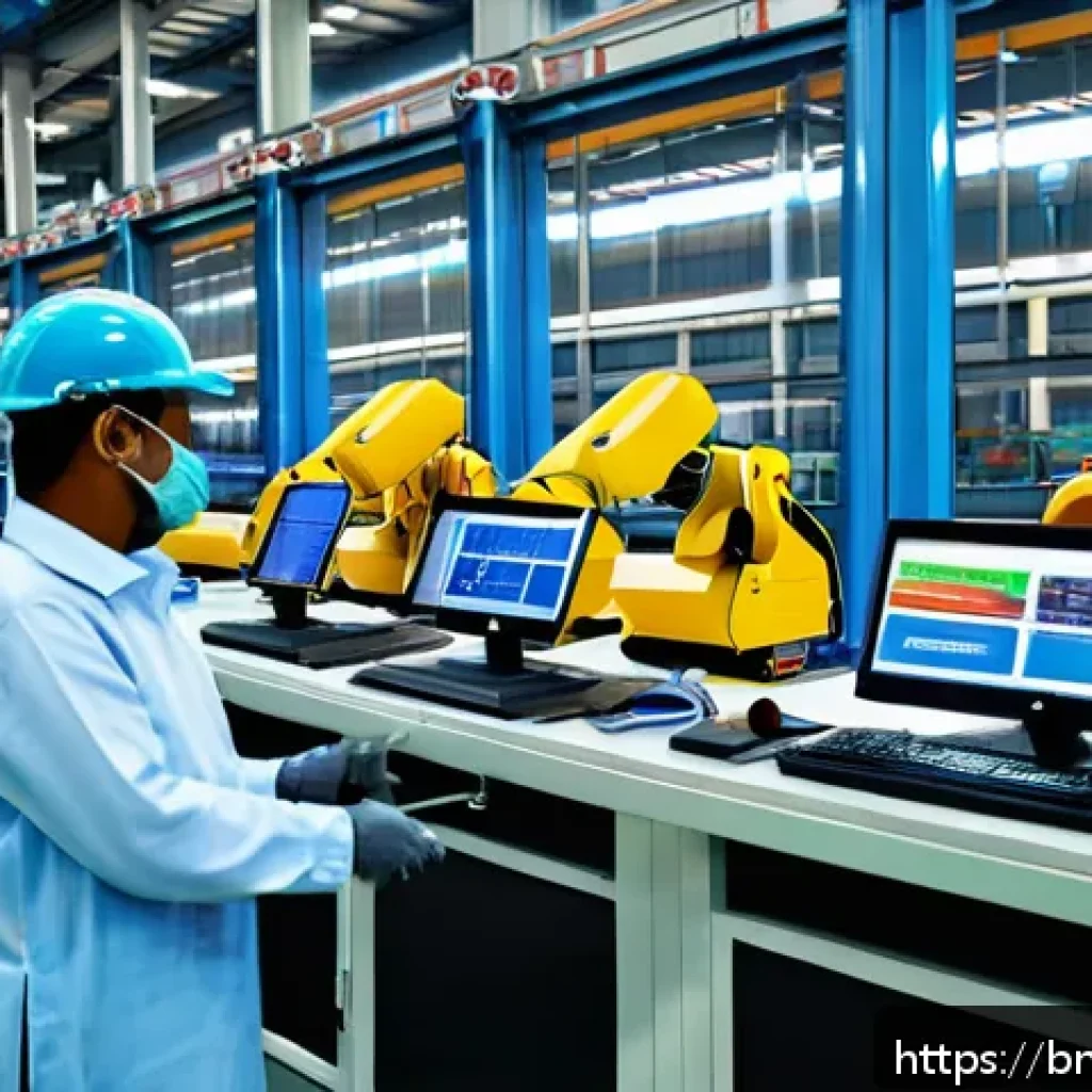 공장자동화 엔지니어의 해외 경험 - A modern industrial factory setting in Bangladesh featuring advanced automation technology: smart se...