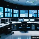 PLC 프로그래밍 심화 과정 - A high-tech industrial control room scene showcasing a large, modern manufacturing unit with multipl...