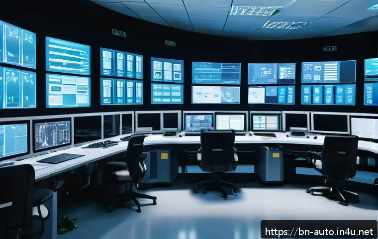 PLC 프로그래밍 심화 과정 - A high-tech industrial control room scene showcasing a large, modern manufacturing unit with multipl...