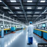 공장자동화와 클라우드 컴퓨팅 - A modern industrial factory interior featuring advanced automation and machine learning technology: ...
