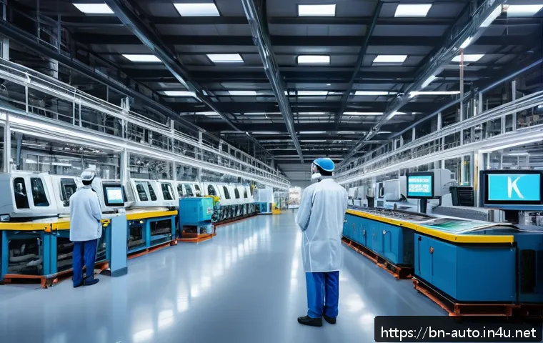 공장자동화와 클라우드 컴퓨팅 - A modern industrial factory interior featuring advanced automation and machine learning technology: ...
