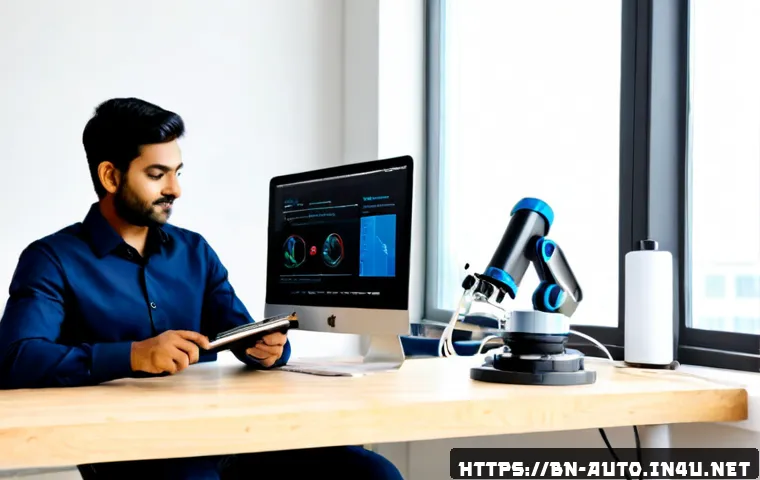 자동화 엔지니어링 포트폴리오 작성법 - Photorealistic automation engineering portfolio workspace, South Asian engineer in neat business-cas...