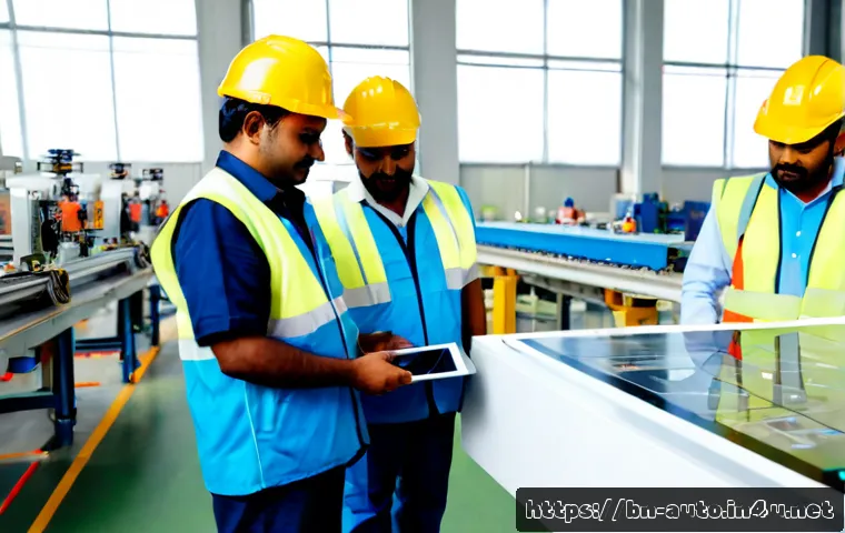 스마트 팩토리 도입을 위한 단계 - Photorealistic smart factory planning stage, Bangladeshi industrial manager and engineering team rev...