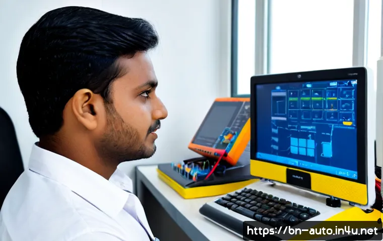 Home 17 PLC 프로그래밍 노하우 - Photorealistic Bangladeshi industrial automation engineer seated at a clean workbench, studying a PL...